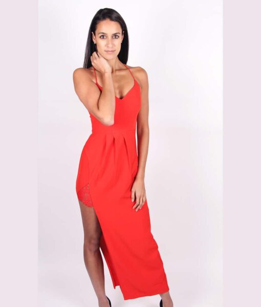 Alila Red Full Length Dress with lace detail By Lumier by Bariano