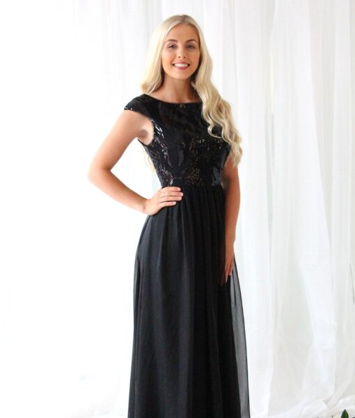 Alila-Black-Sequin-Chiffon-Bridesmaid-Dress-Bariano-gown