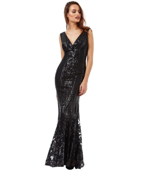 Alila Black V Neck Sequins Gown