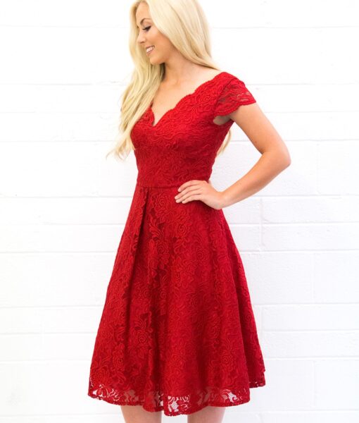 Jolie Moi Red Scalloped V-neck Cap Sleeve Lace Dress