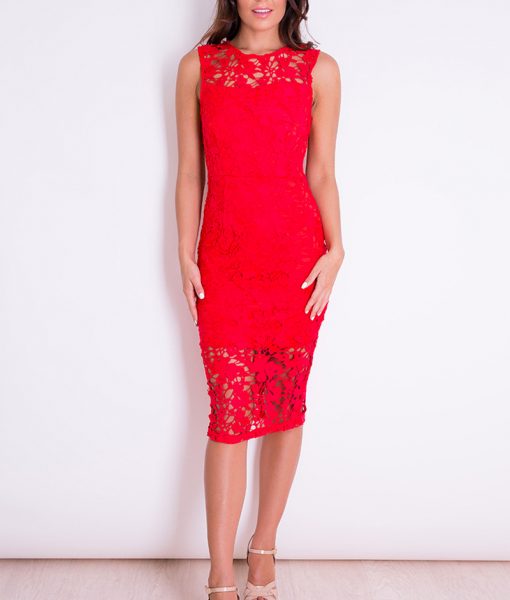 Alila Red Lace Midi Illusion Dress Girl In Mind