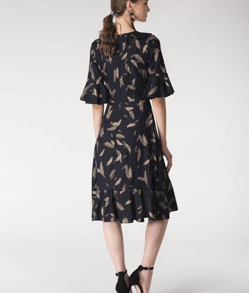 Alila-Navy-gold-feather-print-ruffle-dress-Closet