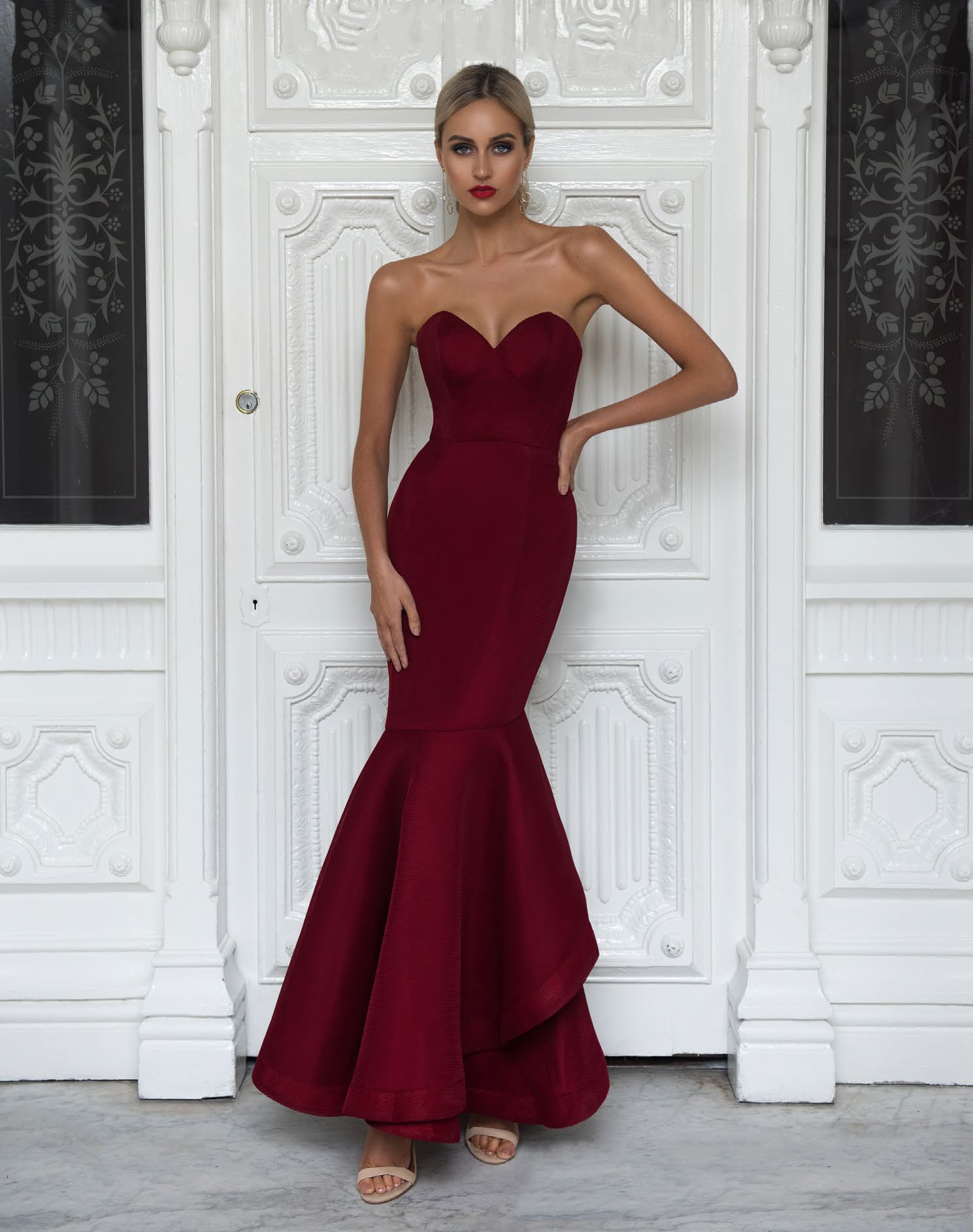 Bariano Burgundy Strapless Fishtail Gown Alila Boutique