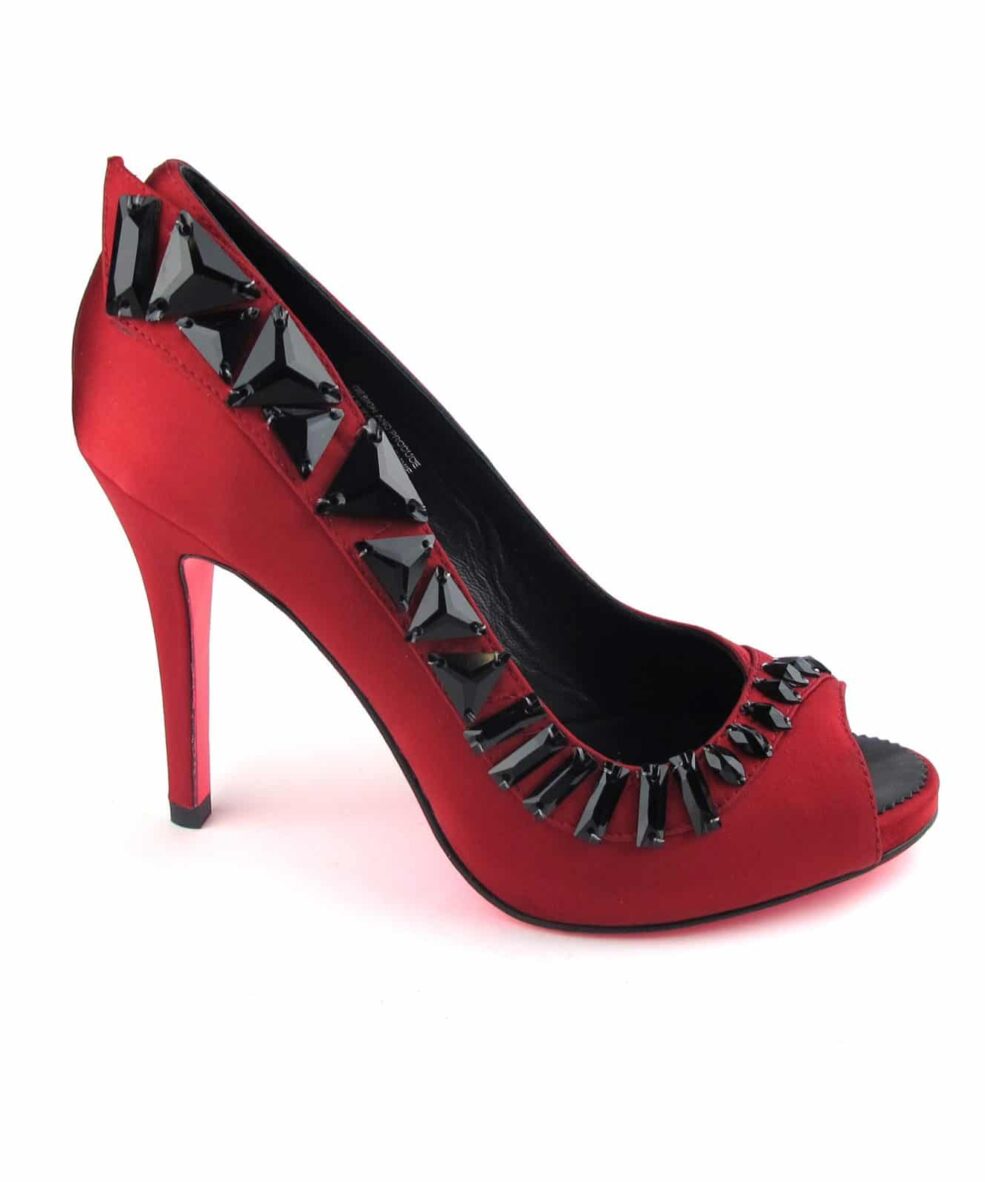 Suecomma Bonnie Red peep toe heels with black crystals