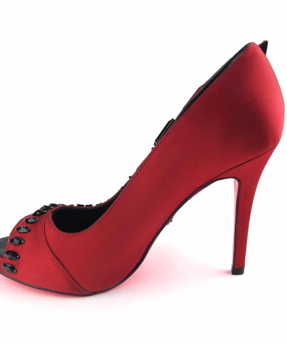 Suecomma Bonnie Red peep toe heels with black crystals