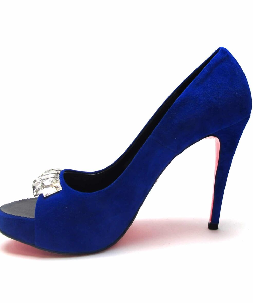 Suecomma Bonnie Blue Suede Peep Toe heels with Swarovski Crystals