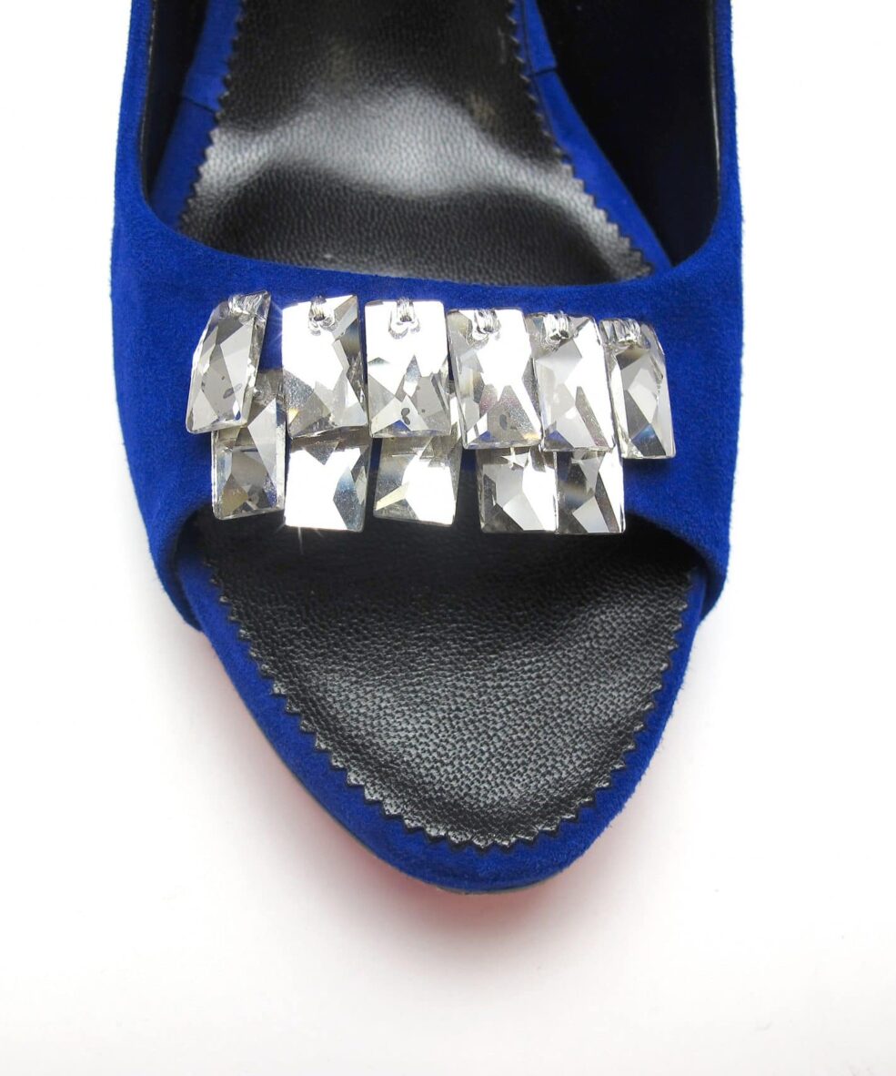 Suecomma Bonnie Blue Suede Peep Toe heels with Swarovski Crystals