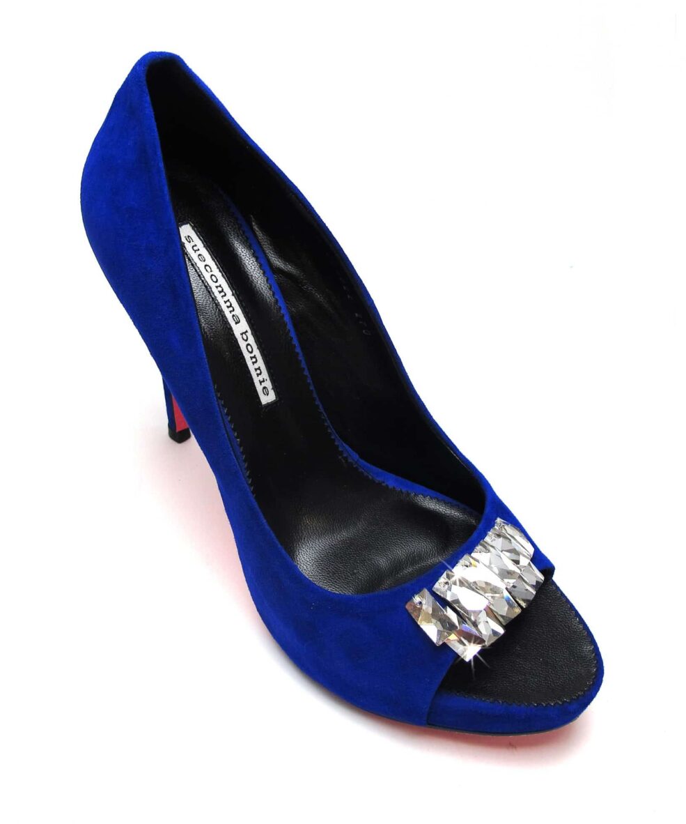 Suecomma Bonnie Blue Suede Peep Toe heels with Swarovski Crystals