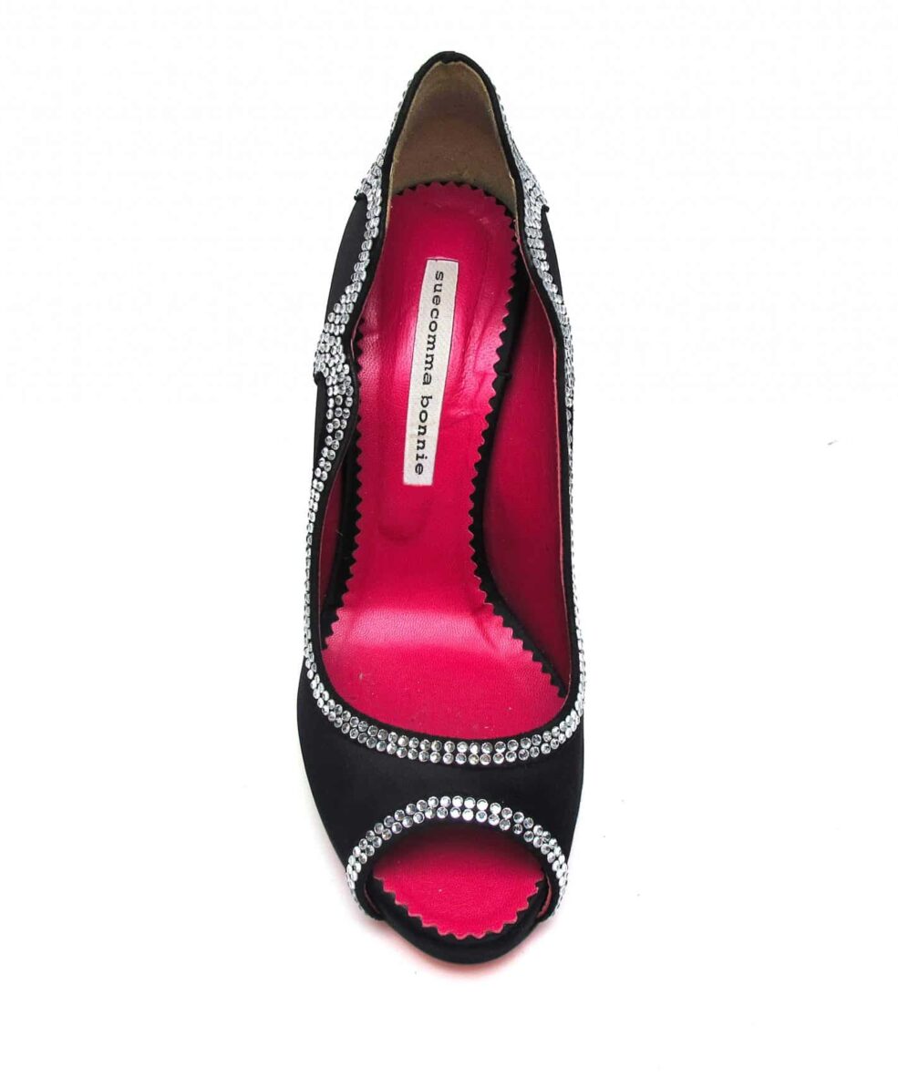 Suecomma Bonnie Black & Crystal embellished peep toe heels