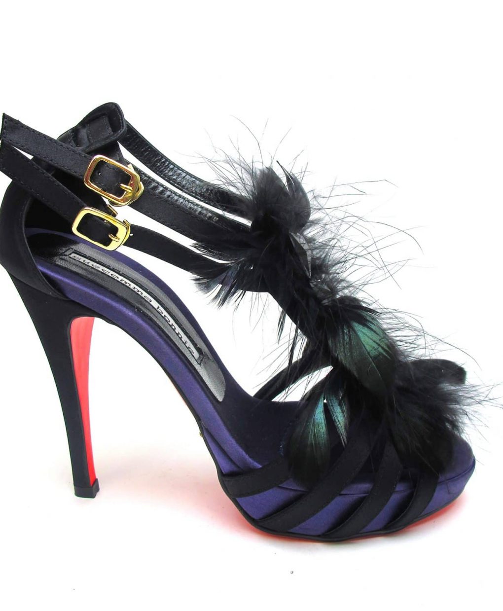 Suecomma Bonnie Black & Purple Strappy heels with feathers