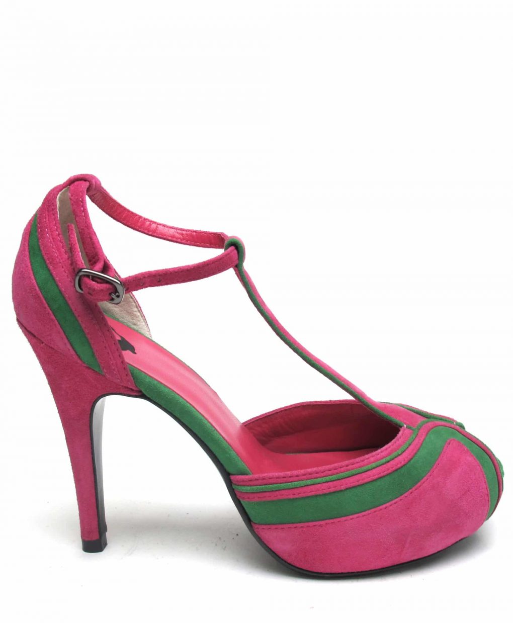 Tsuru Pink & Green T-bar open toe heels