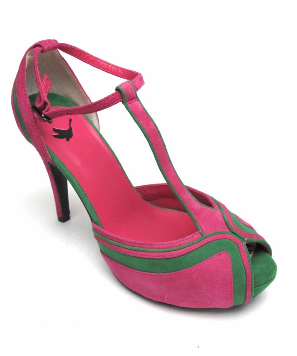 Tsuru Green and pink T-bar peep toe heels