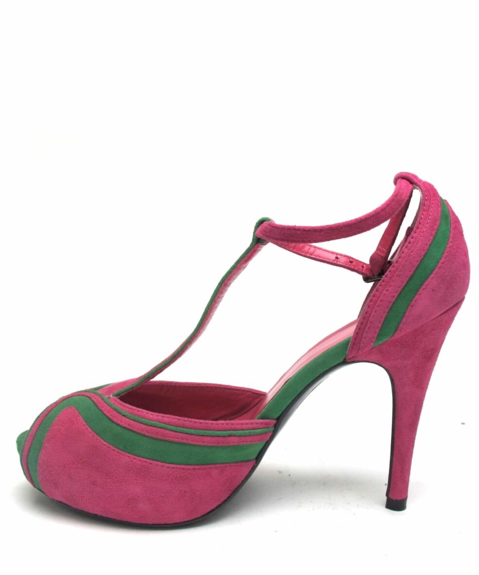 Tsuru Pink & Green T-bar open toe heels