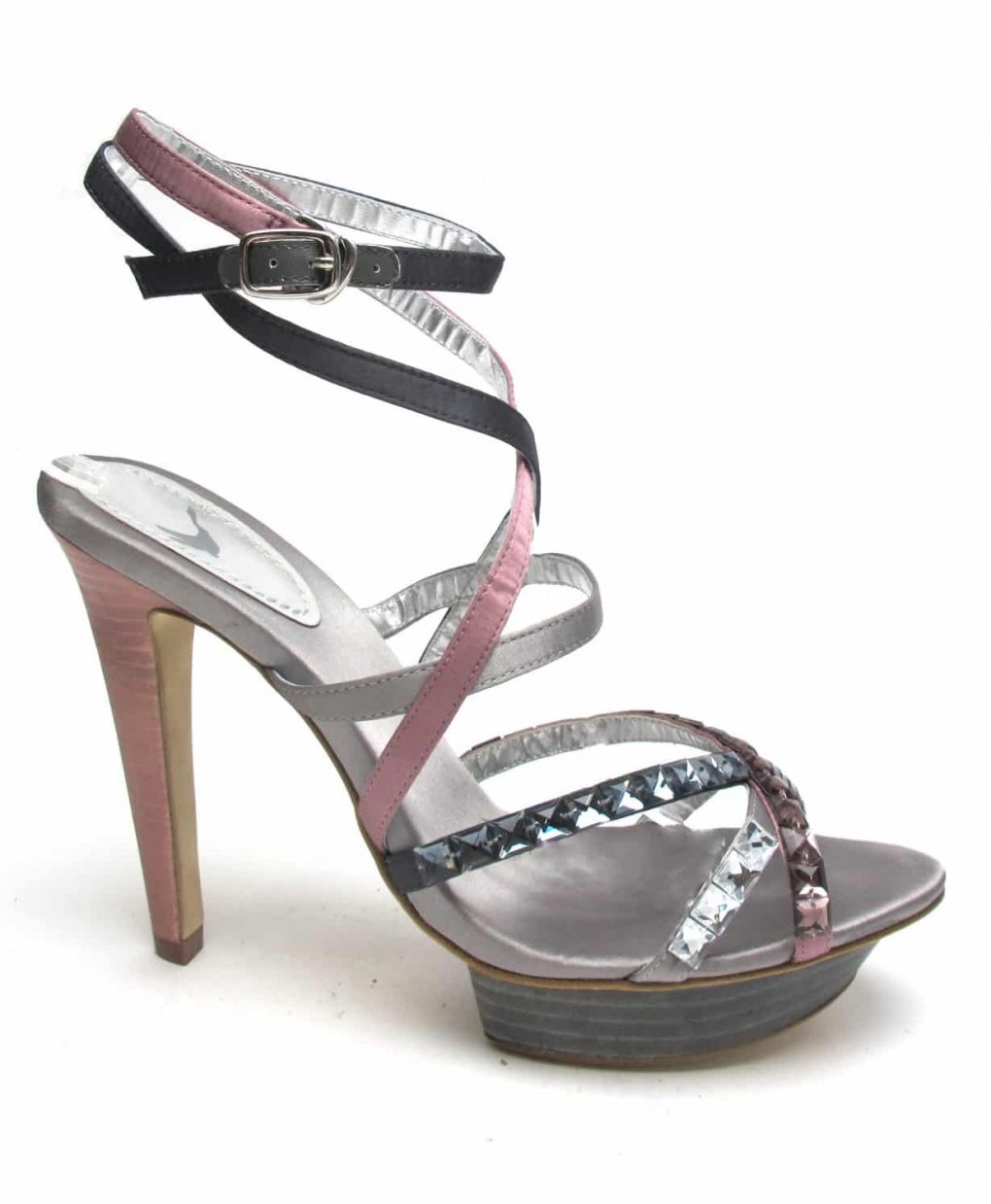 Tsuru Grey & Pink strappy heels with crystals