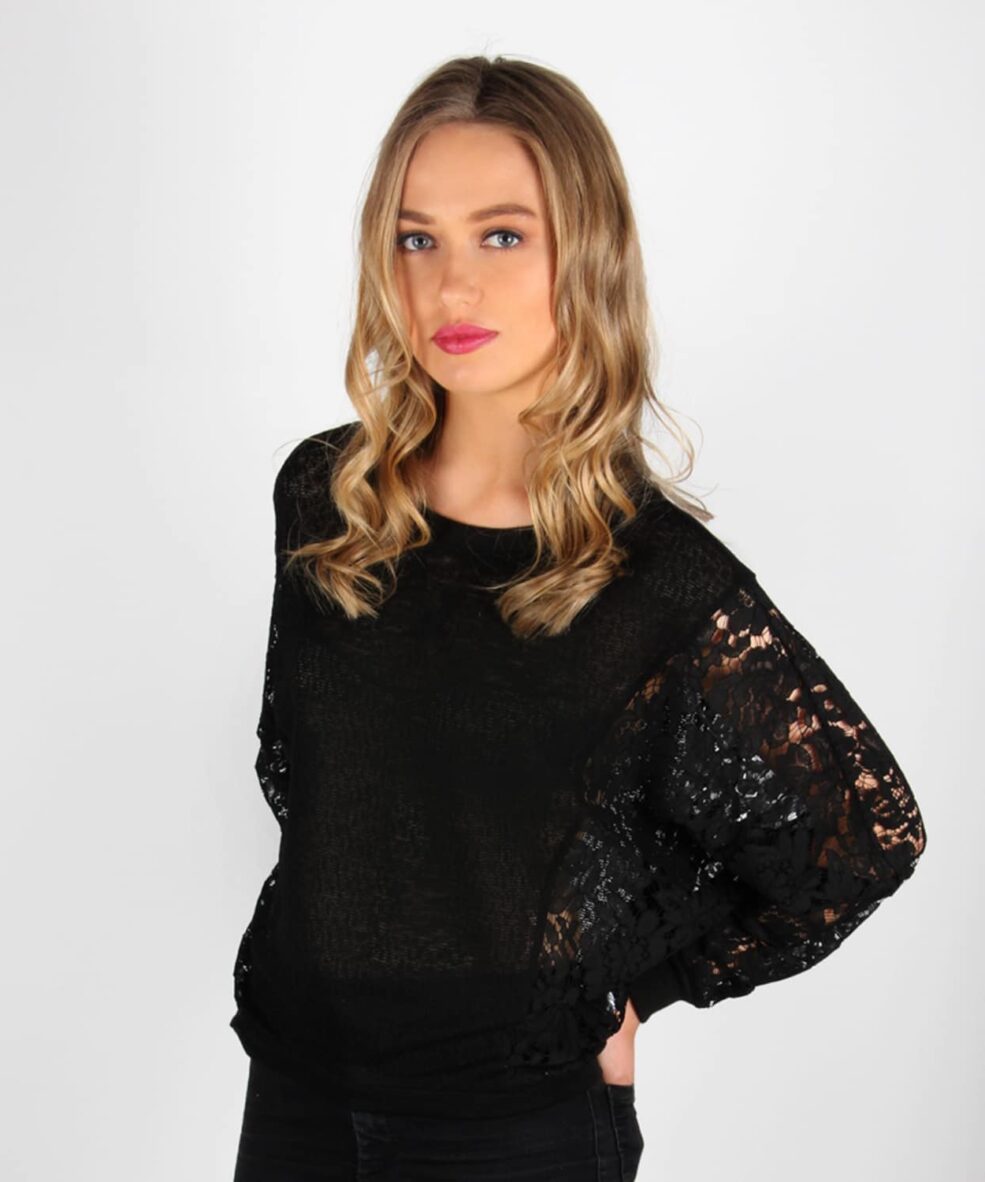 Alternative view of Light Knit Jumper with Dolman Lace Sleeves in Black