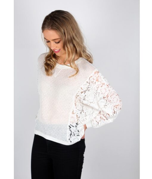 Light Knit Jumper with Dolman Lace Sleeves in White