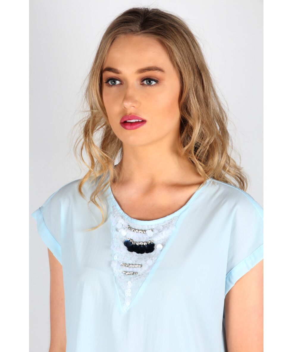 Alternative view of Baby Blue Top with Embellished V-neck Front