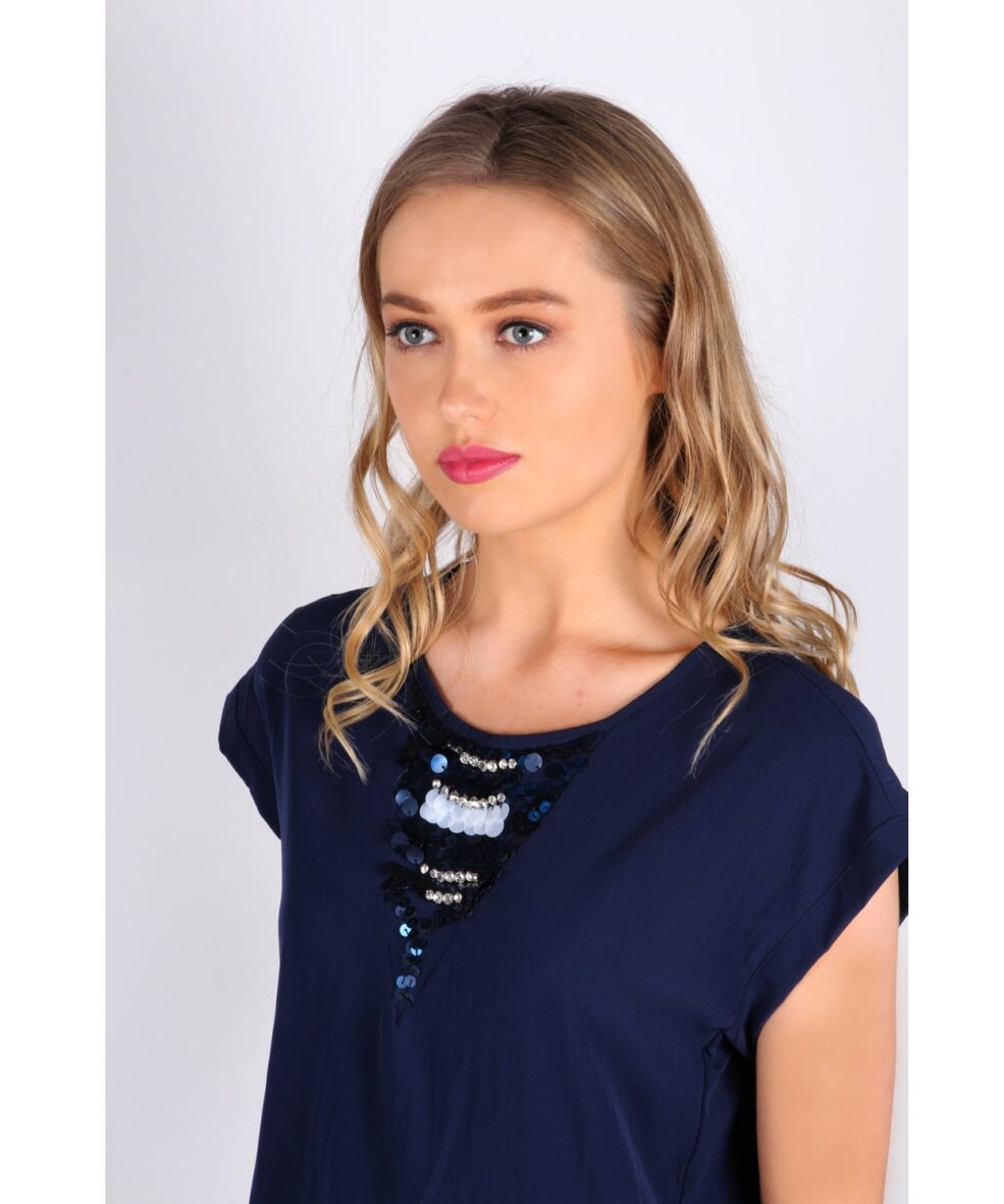 Alternative view of Navy Top with Embellished V-neck Front