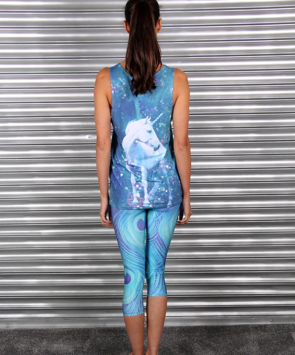 Alila Active Peacock Print Capris and Blue Unicorn top by Mr Gugu