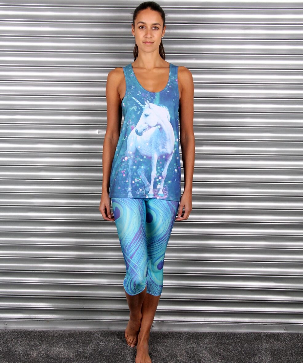 Alila Active Peacock Print Capris and Blue Unicorn top by Mr Gugu