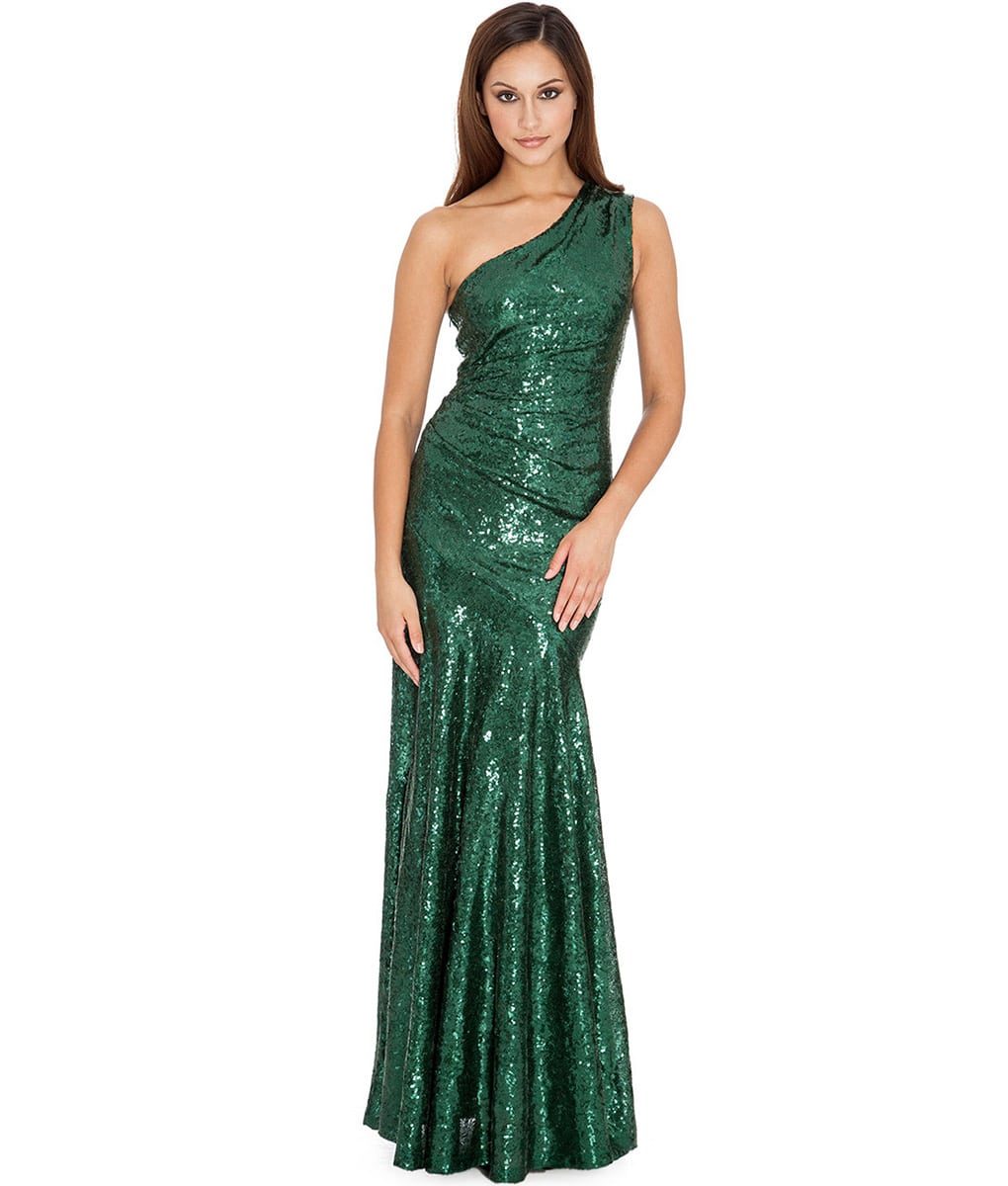 City Goddess - Emerald Green One-Shoulder Sequins Gown