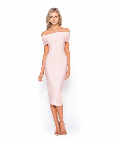 Alila Boutique Blush Bardot Bodycon Midi dress