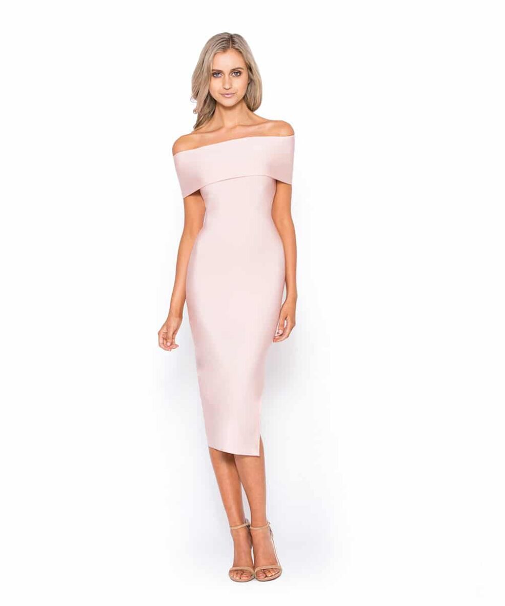 Alila Boutique Blush Bardot Bodycon Midi dress