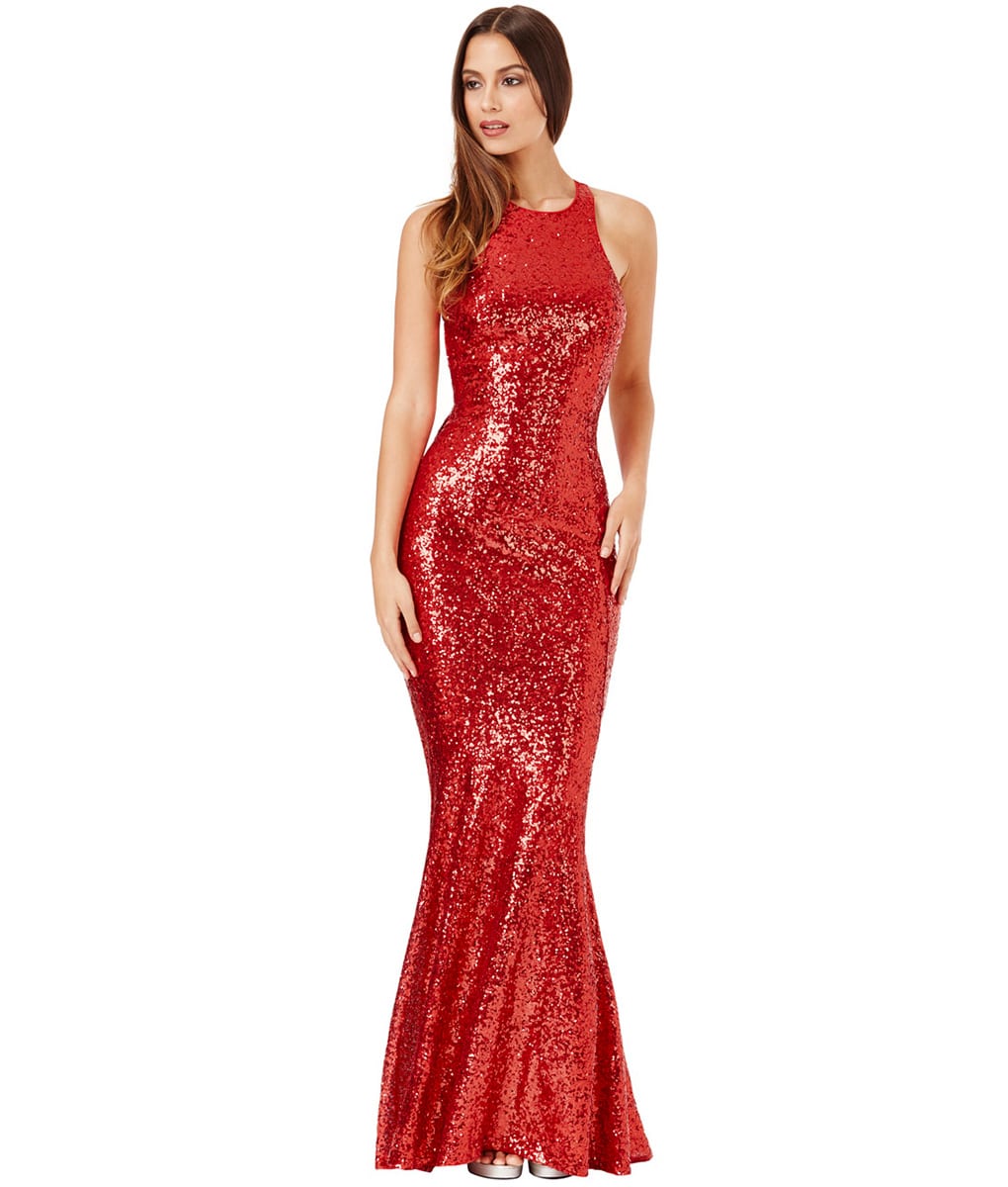 City Goddess Red Sequin Bow Detail Gown Alila