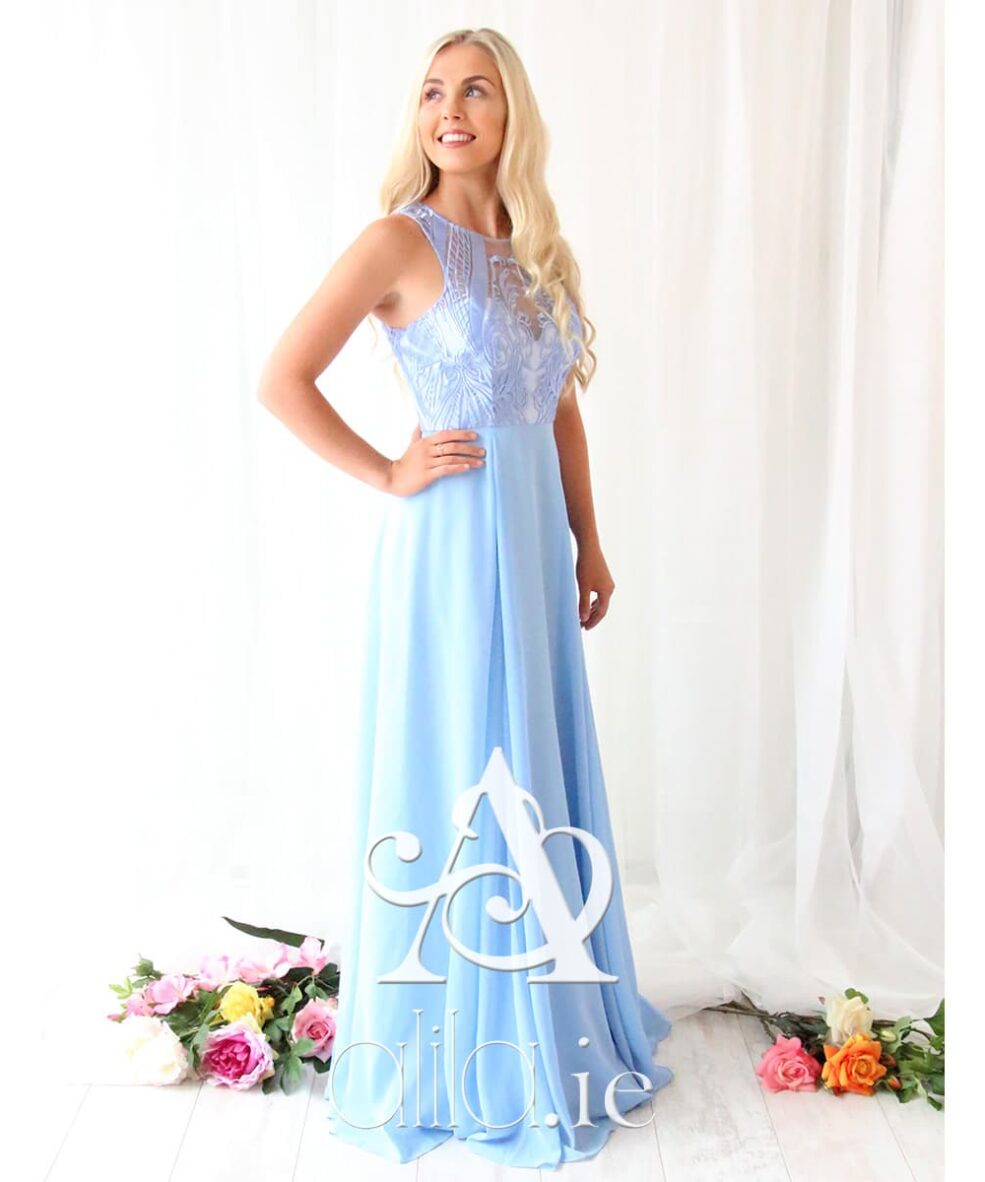Alila sky blue chiffon lace gown