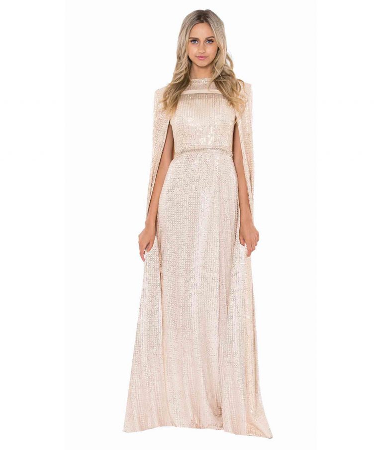 Alila-champagne-sequin-cape-and-gown-Bariano