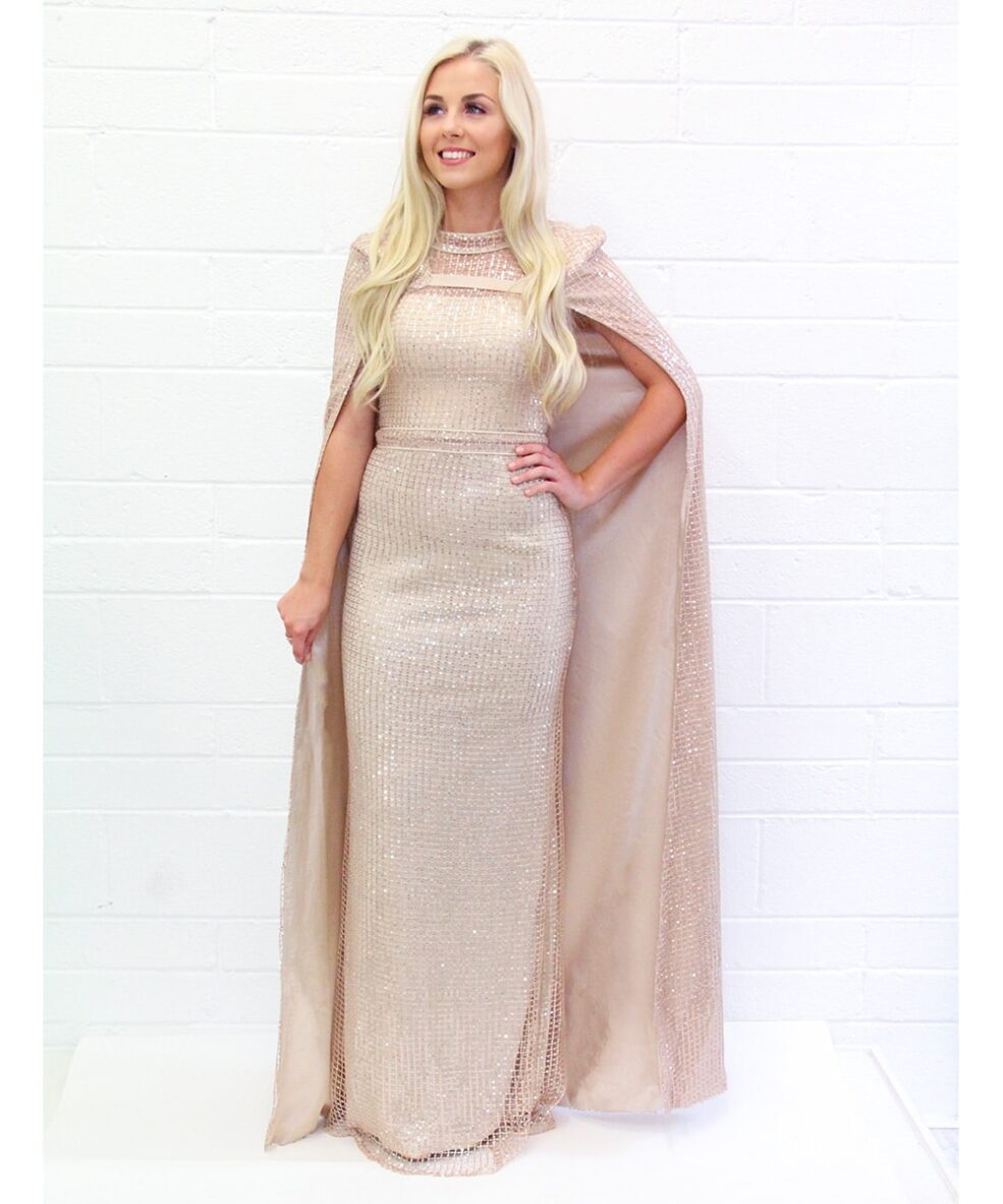 Alila-Champagne-Sequin-Cape-Gown-bariano