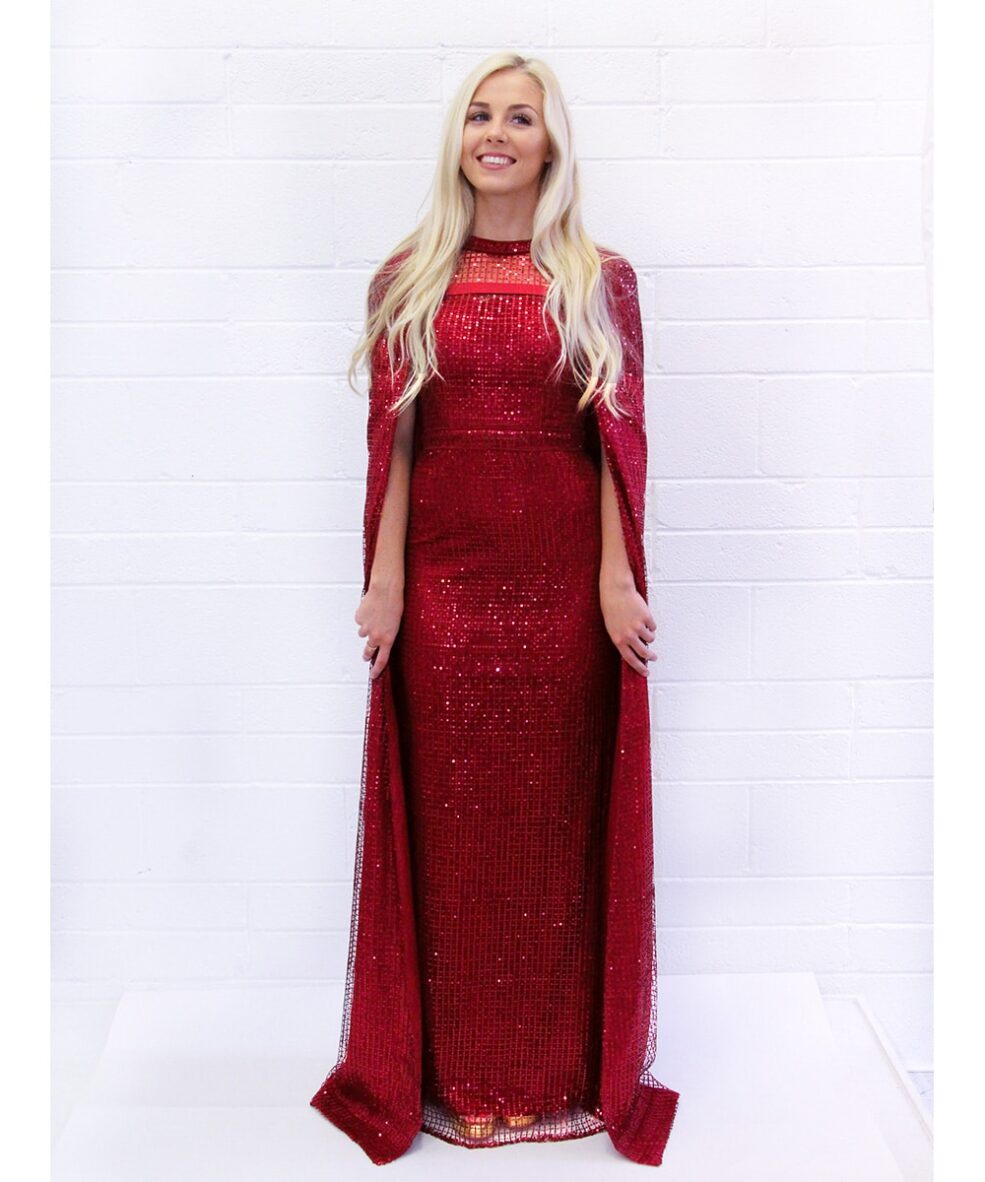 Alila-Dark-red-sequin-cape-gown-Bariano