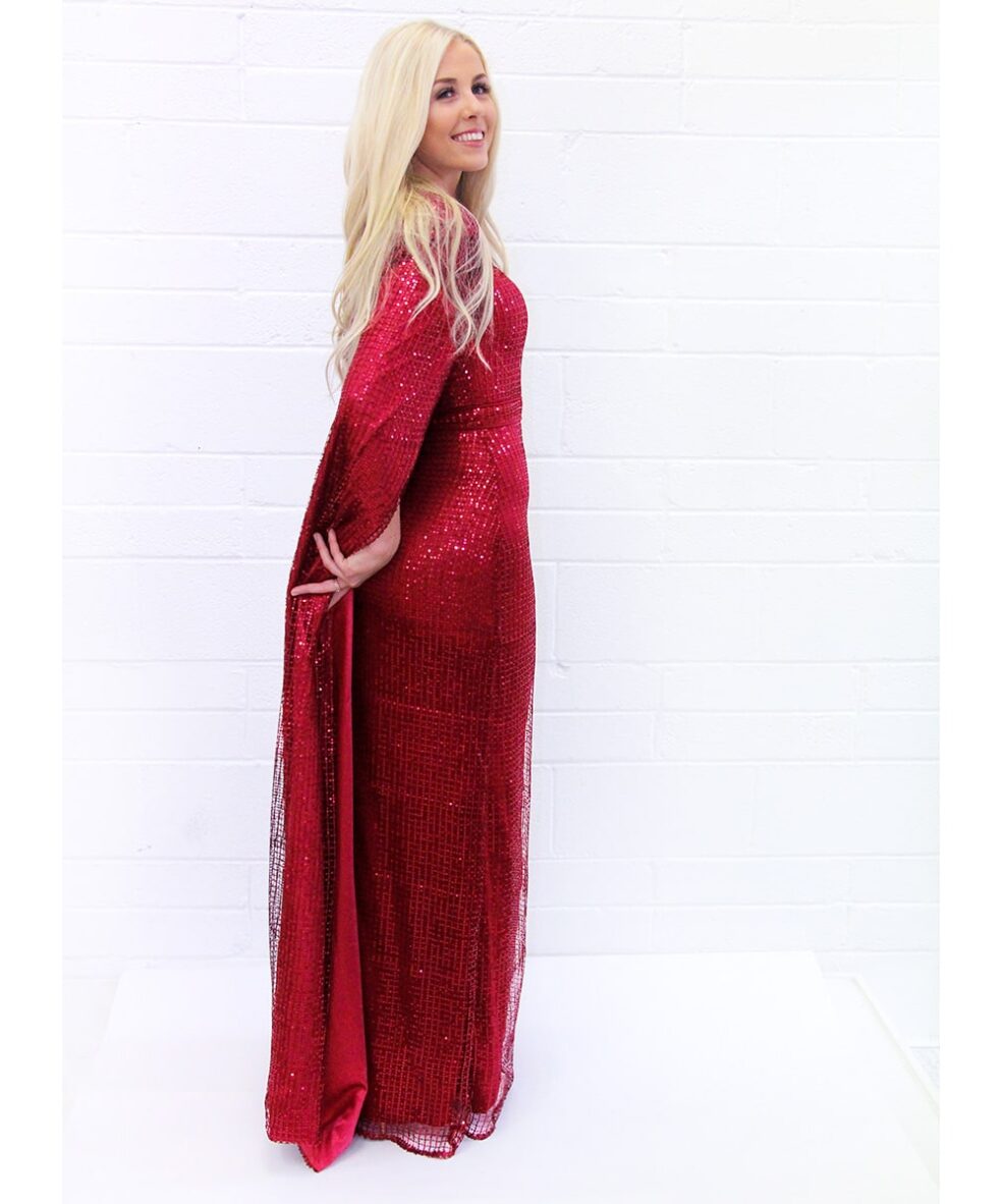 Alila-Dark-red-sequin-cape-gown-Bariano