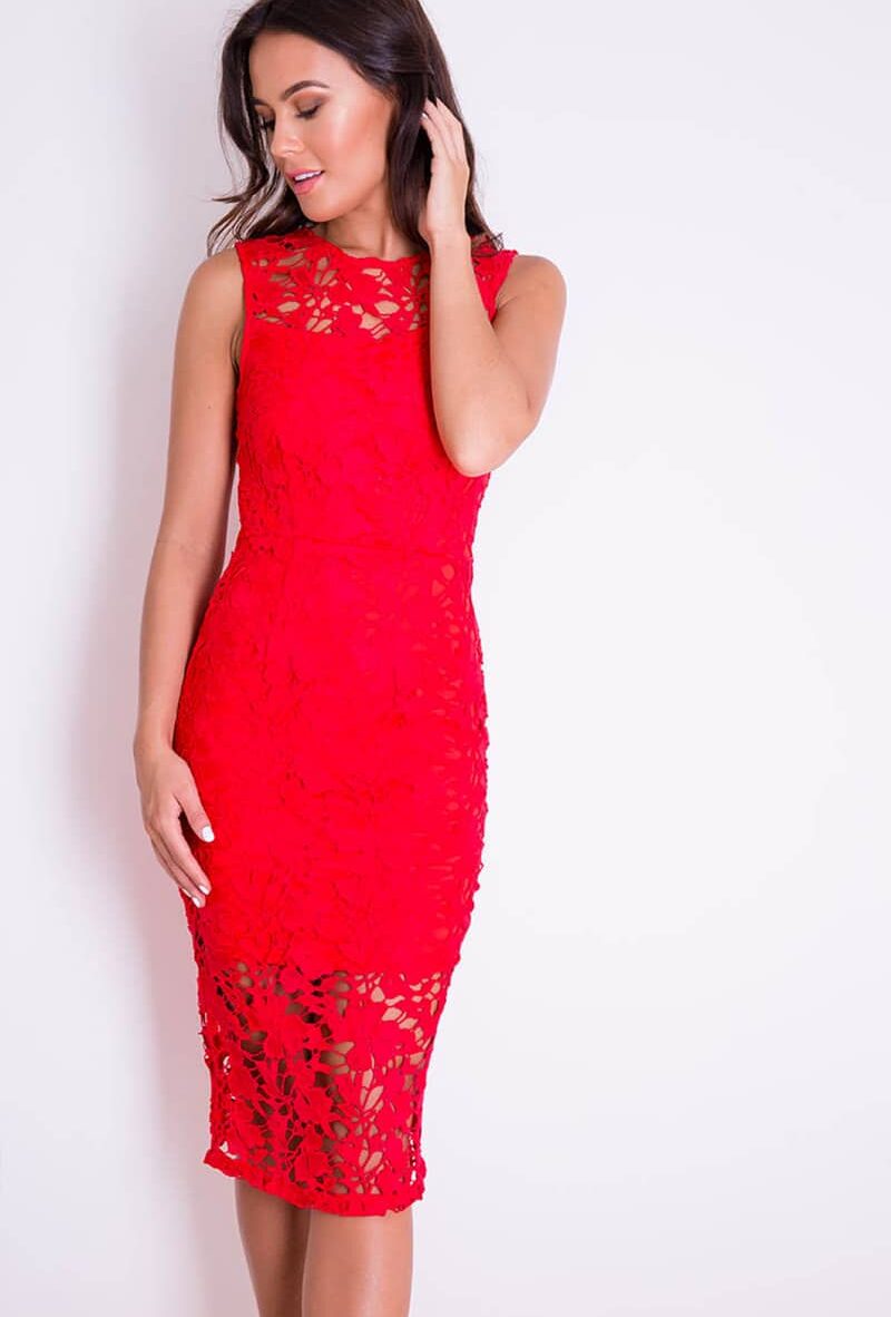 Alila Red Lace Midi Illusion Dress Girl In Mind