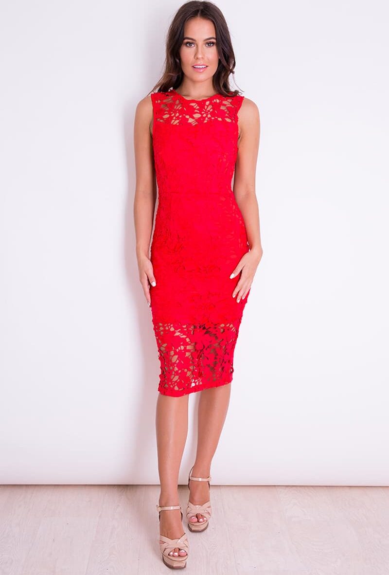Alila Red Lace Midi Illusion Dress Girl In Mind