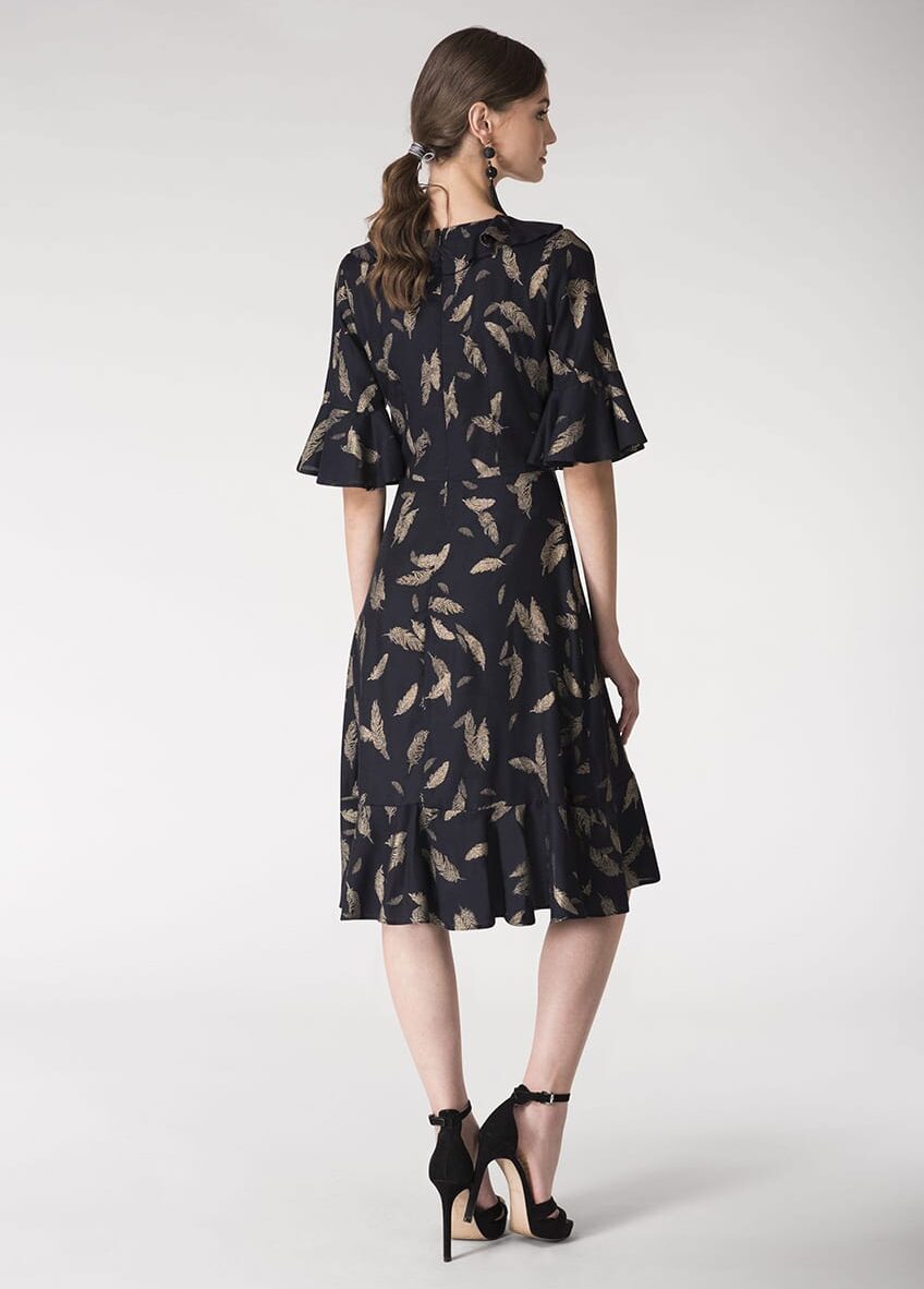 Alila-Navy-gold-feather-print-ruffle-dress-Closet