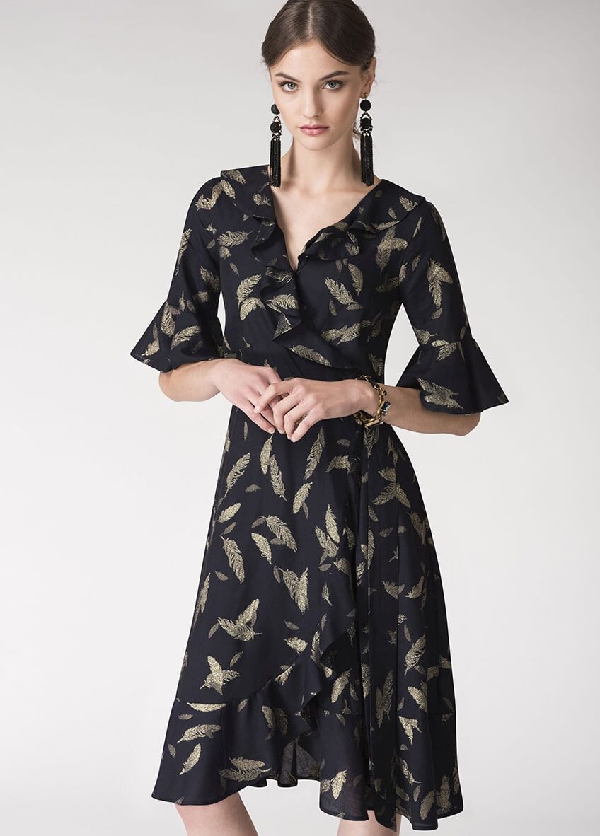 Alila-Navy-gold-feather-print-wrap-dress-Closet