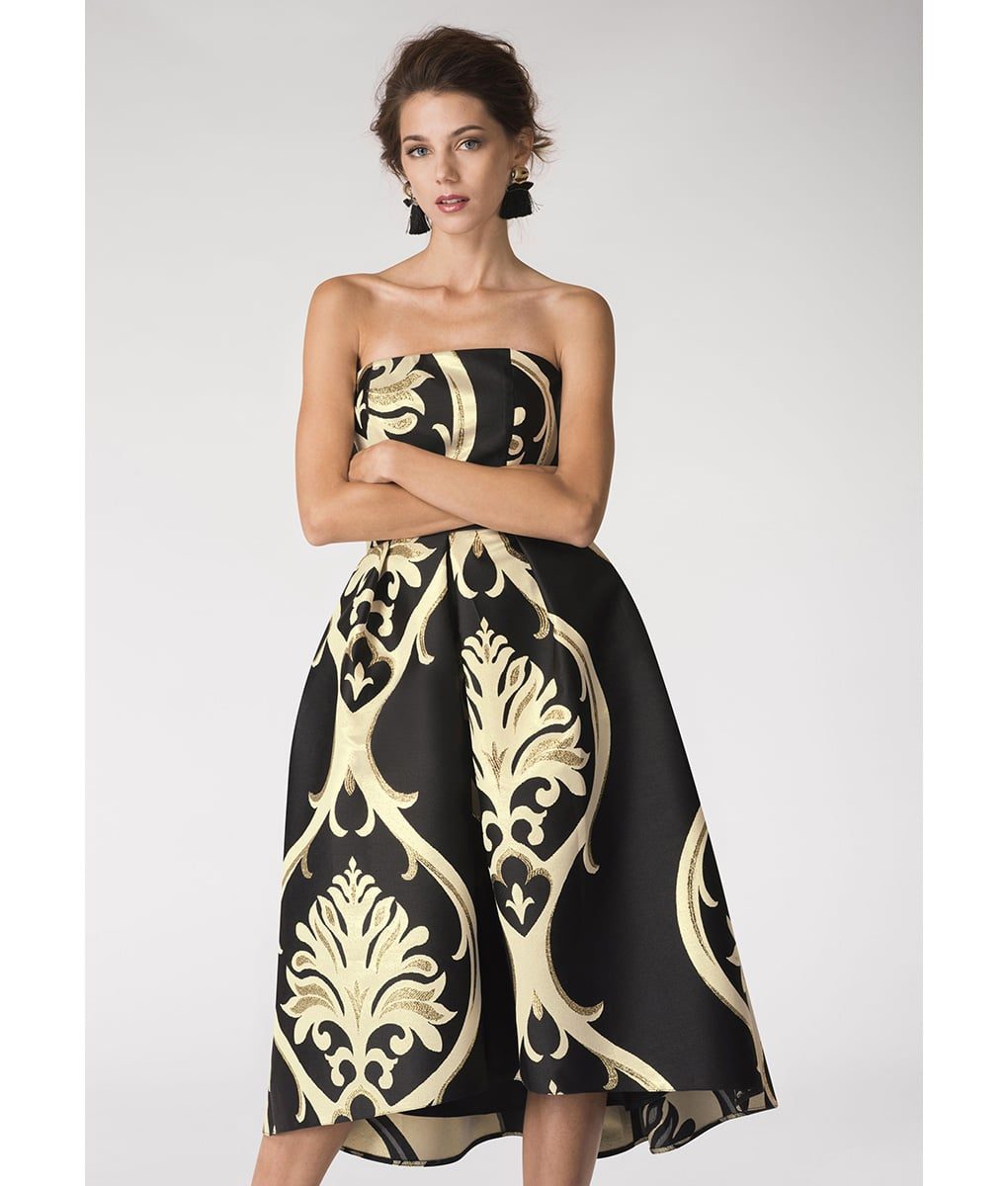 EILEEN BLACK STRAPLESS GOLD ROSE EMBELLISHED MIDI DRESS
