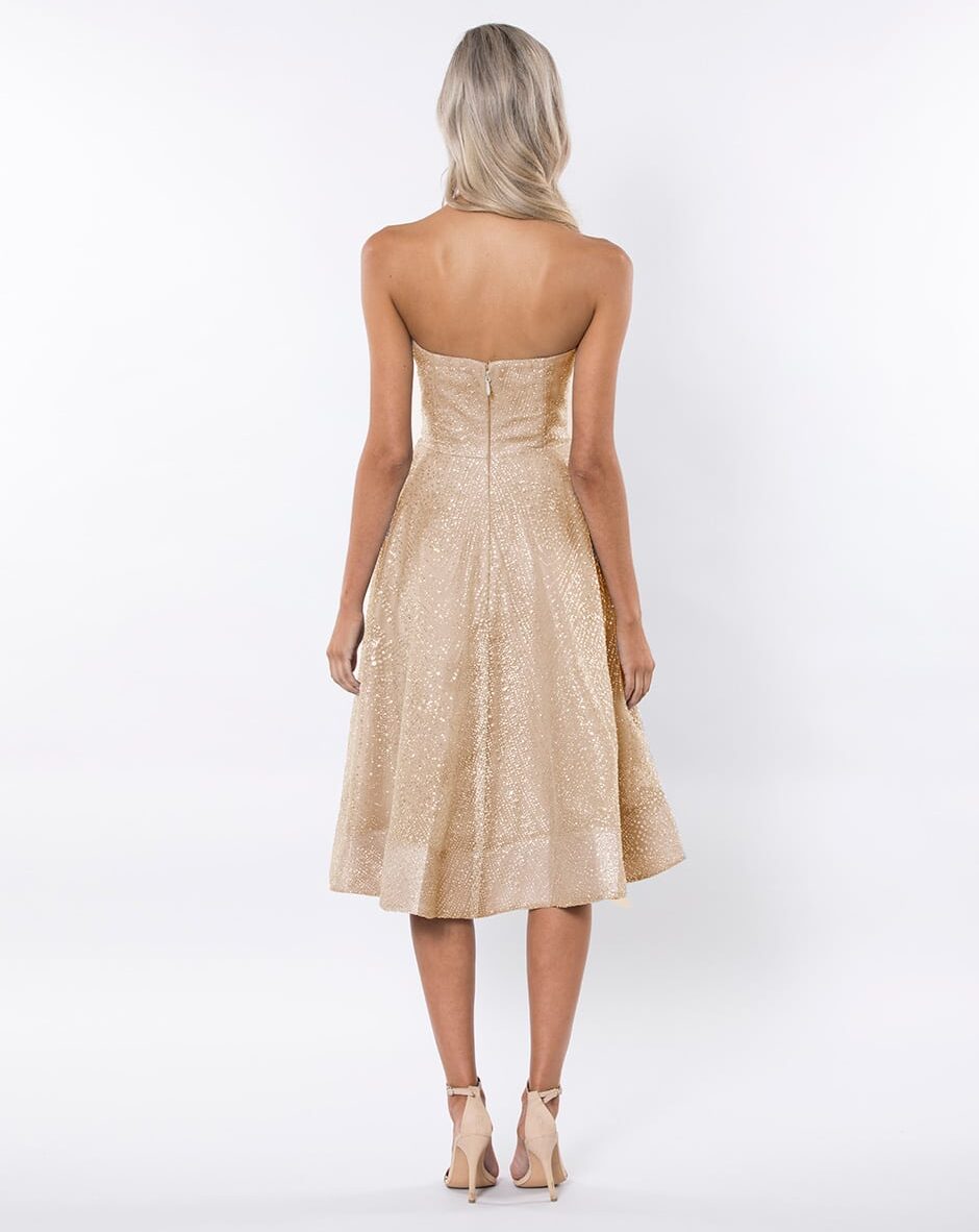 Alila-Gold-Strapless-glitter-prom-SKATER-dress-Bariano