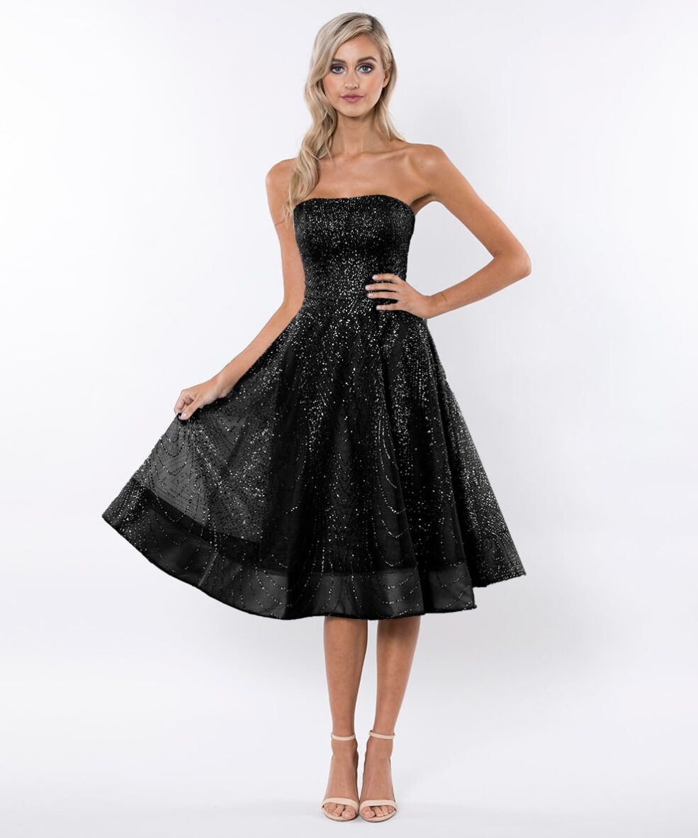 Alila-black-Strapless-glitter-prom-SKATER-dress-Bariano