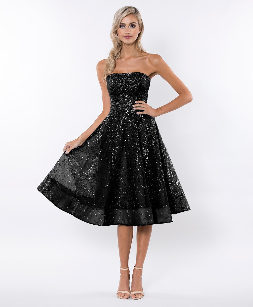 Alila-black-Strapless-glitter-prom-SKATER-dress-Bariano