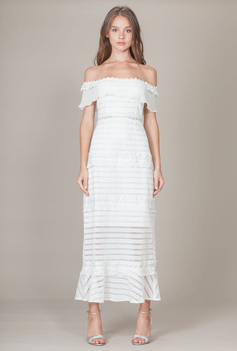 Alila-Bardot-off-the-shoulder-cream-midi-dress-Foxiedox