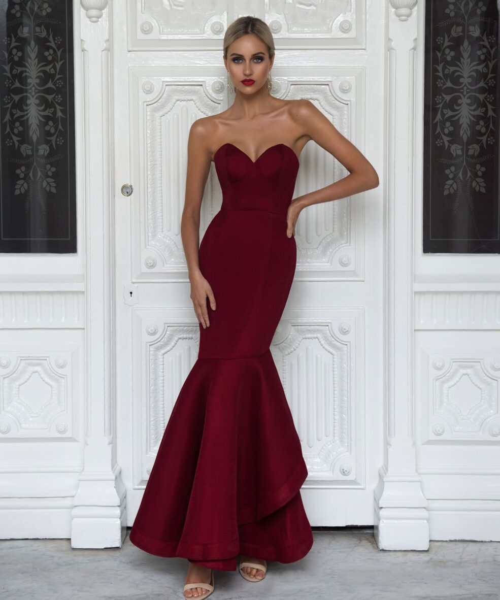 Alila-Strapless-fishtail-burgundy-debs-dress-Bariano