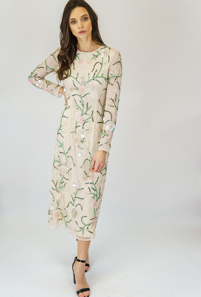 Alila-Cream-beaded-long-sleeve-midi-dress-for-wedding-Angeleye