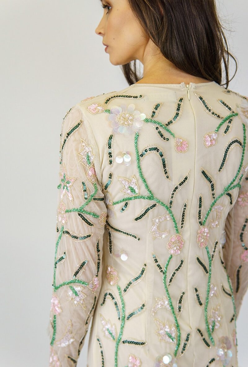 Alila-Cream-beaded-long-sleeve-midi-dress-for-wedding-Angeleye