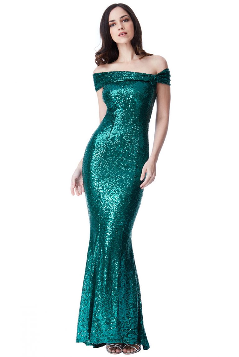 City Goddess Emerald Green Sequins Strapless Gown - Alila