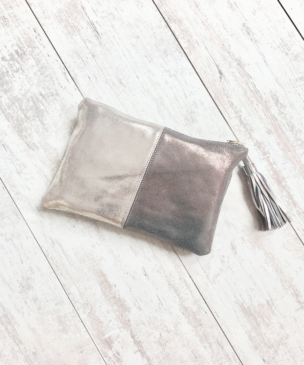 Silver&Pewter Leather and Faux Suede Tassel Bag