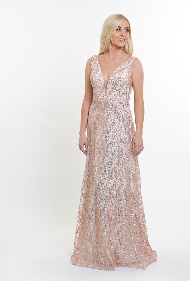 Alila-Champagne-rose-Gold-glitter-plunge-debs-dress-Mascara