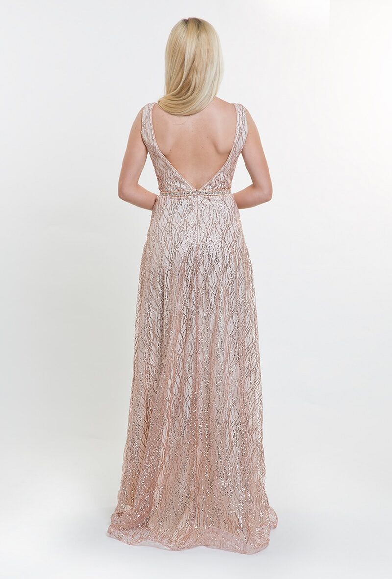 Alila-Champagne-rose-Gold-glitter-plunge-debs-dress-Mascara