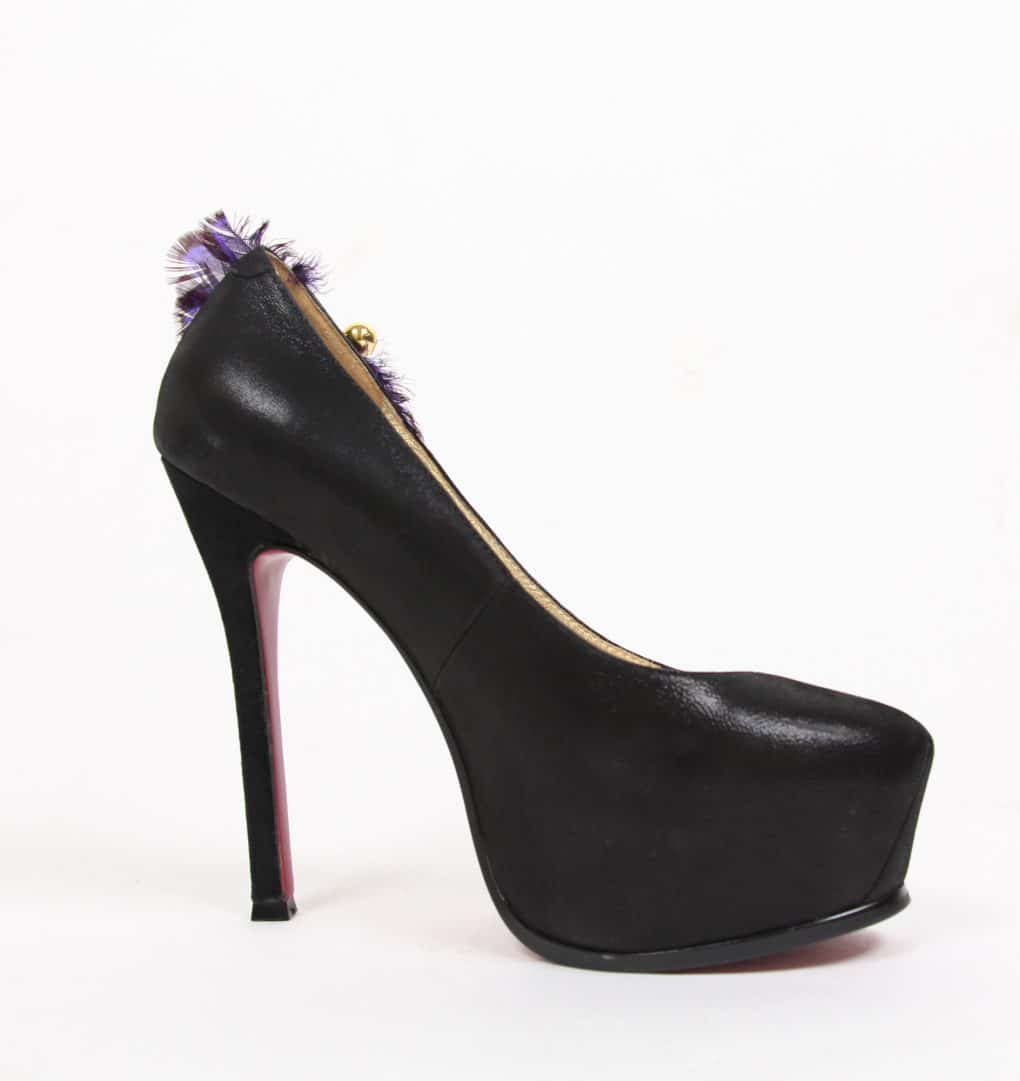 high heel leather shoes with feather detail
